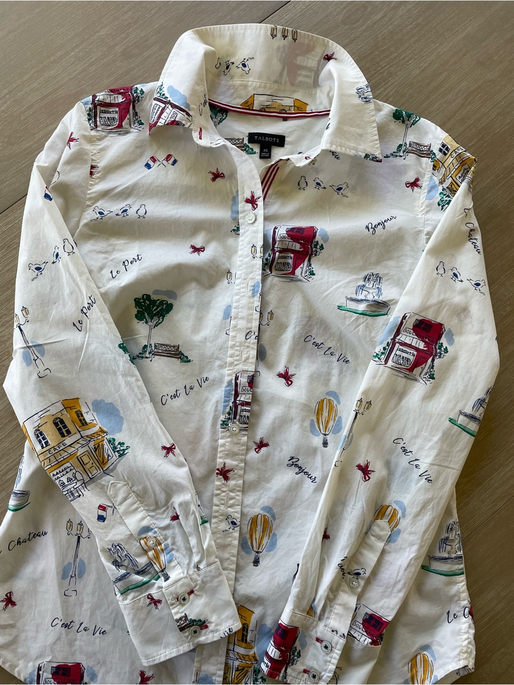 Talbots White French Scenic Print Button-Down Shirt